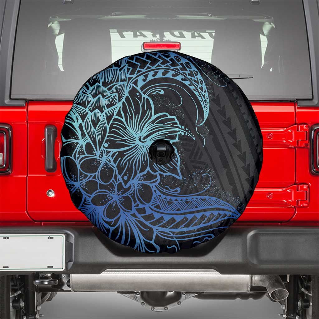Floral Polynesian Hibiscus Tattoo Spare Tire Cover Blue Gradient Style