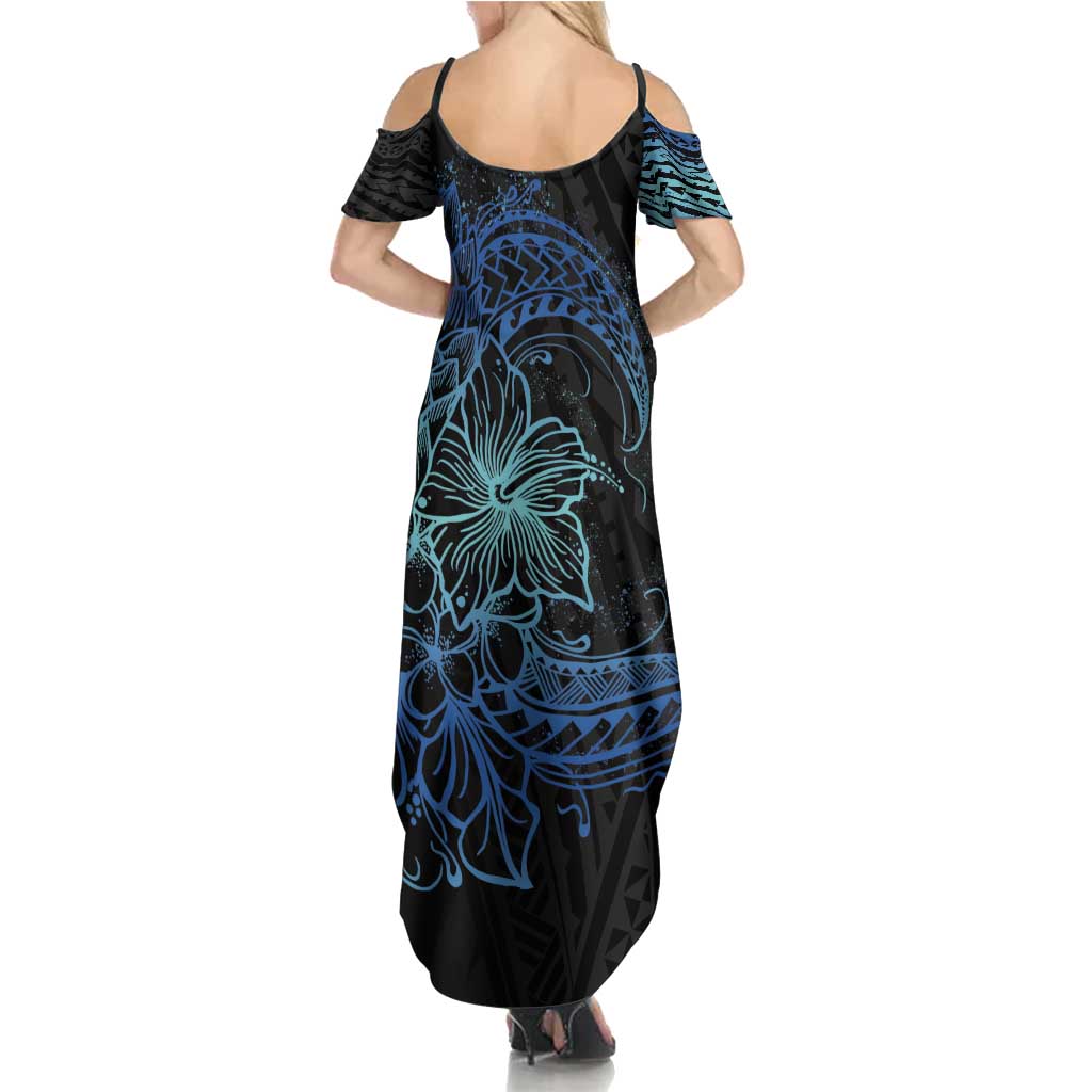 Floral Polynesian Hibiscus Tattoo Summer Maxi Dress Blue Gradient Style