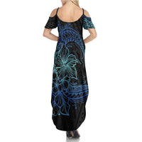 Floral Polynesian Hibiscus Tattoo Summer Maxi Dress Blue Gradient Style