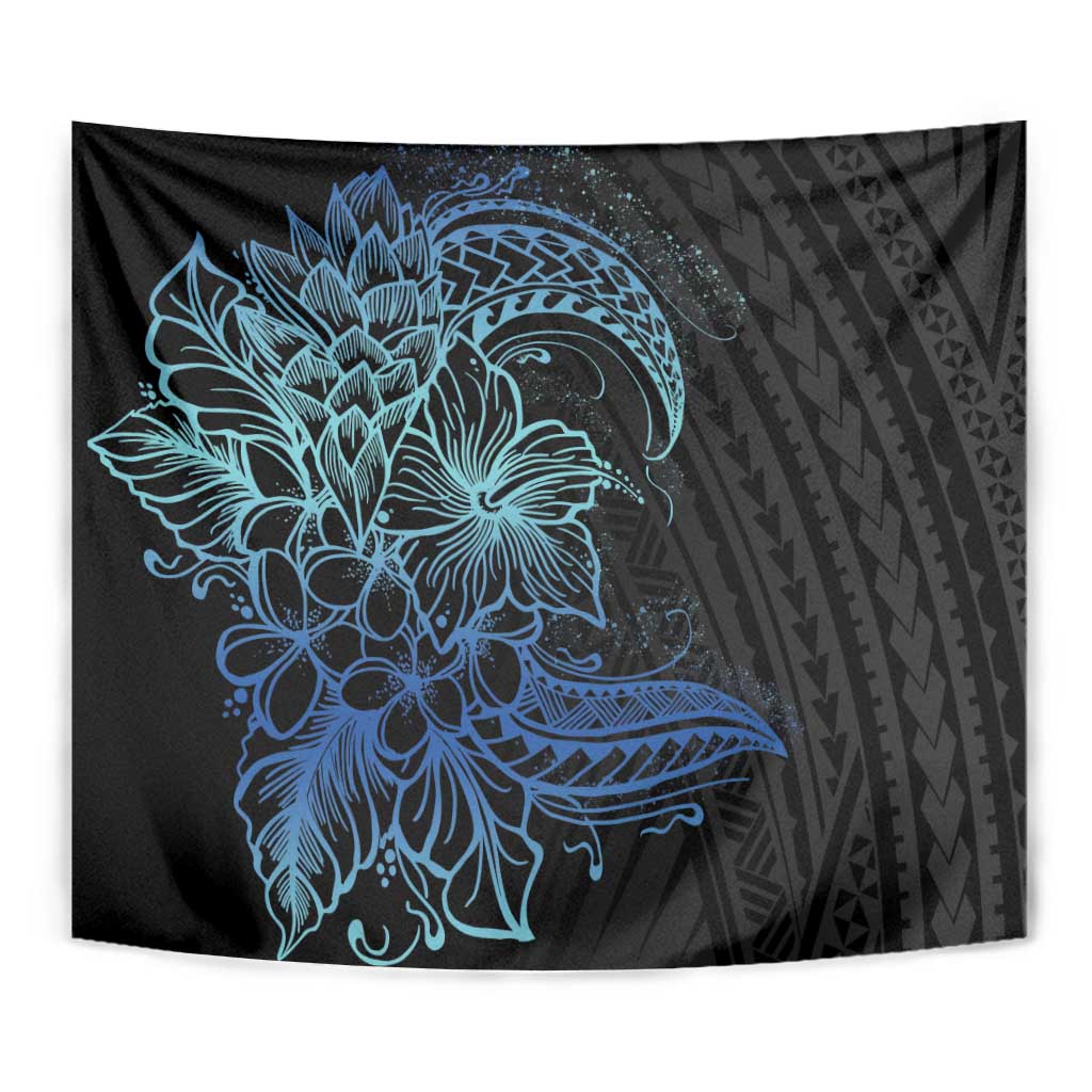 Floral Polynesian Hibiscus Tattoo Tapestry Blue Gradient Style