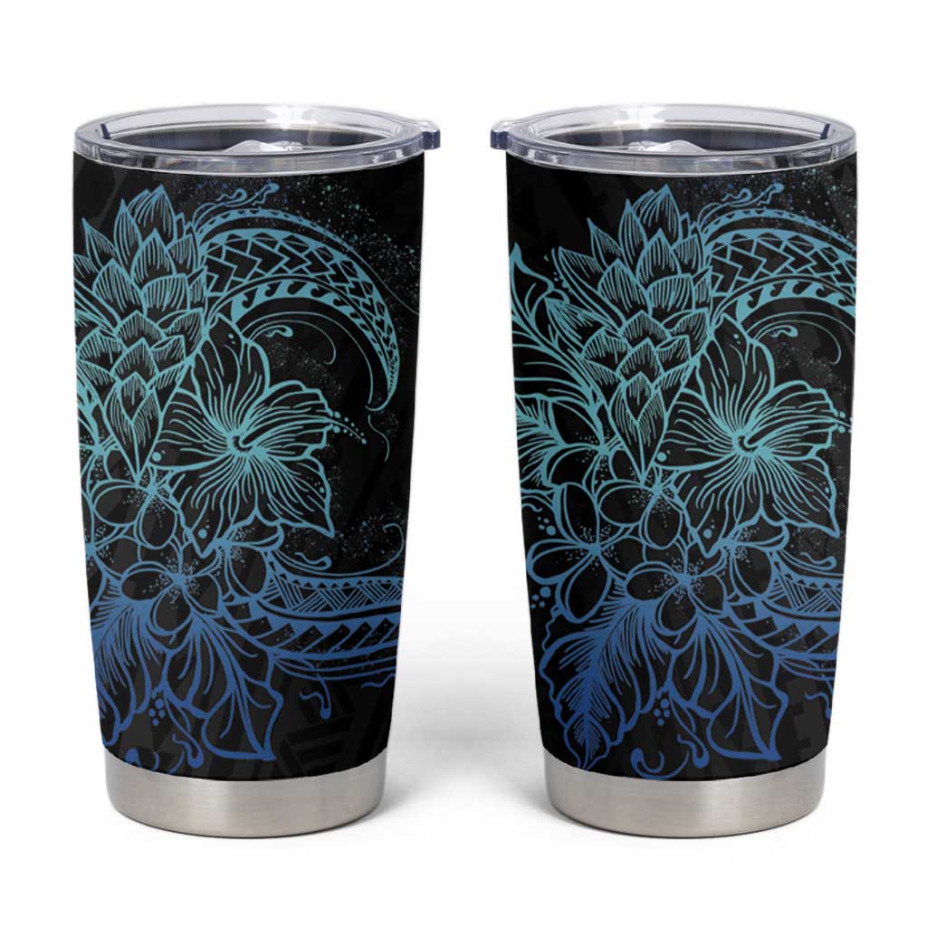 Floral Polynesian Hibiscus Tattoo Tumbler Cup Blue Gradient Style