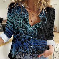 Floral Polynesian Hibiscus Tattoo Women Casual Shirt Blue Gradient Style LT9 Female Blue - Polynesian Pride