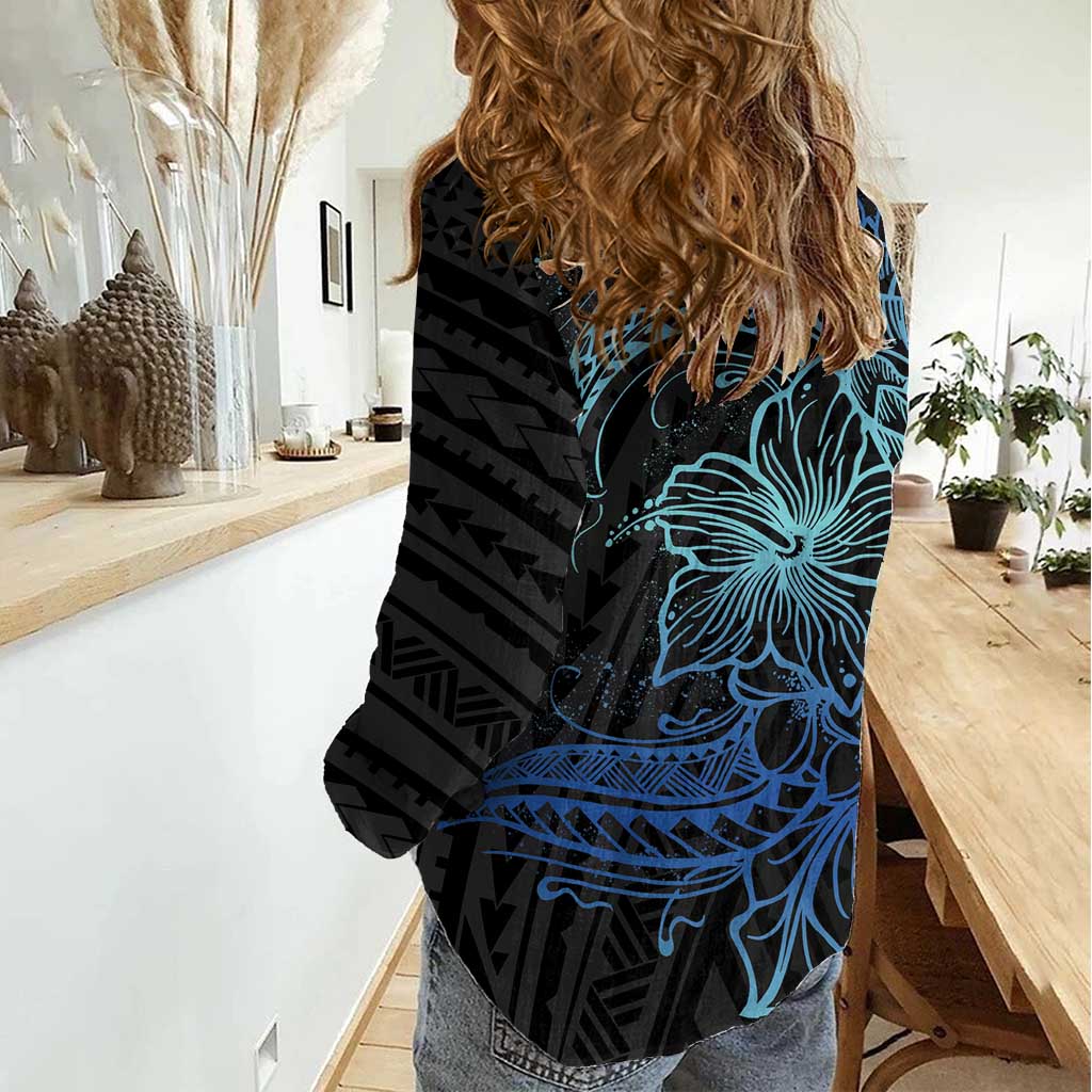 Floral Polynesian Hibiscus Tattoo Women Casual Shirt Blue Gradient Style LT9 - Polynesian Pride
