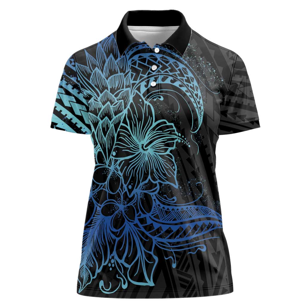 Floral Polynesian Hibiscus Tattoo Women Polo Shirt Blue Gradient Style