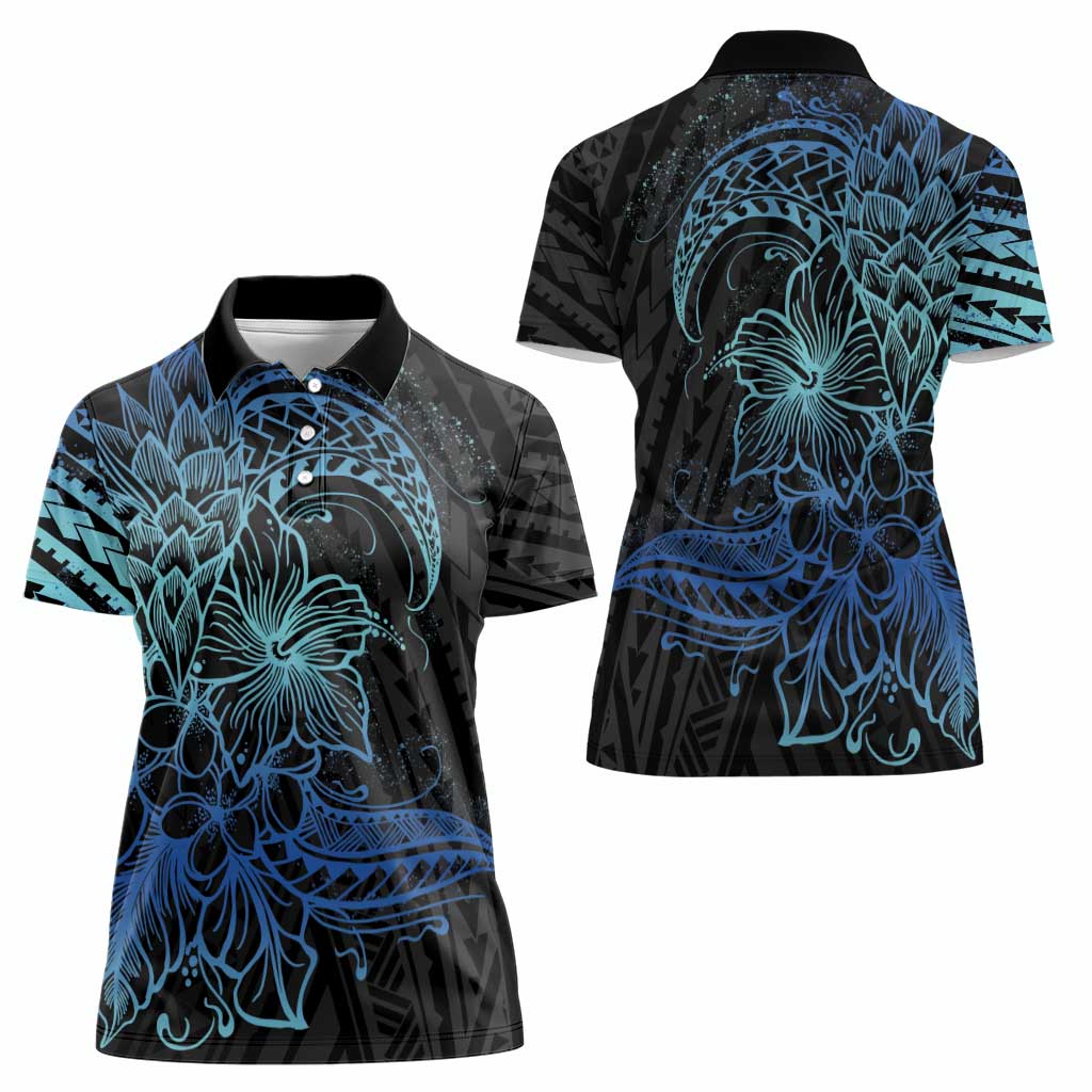 Floral Polynesian Hibiscus Tattoo Women Polo Shirt Blue Gradient Style