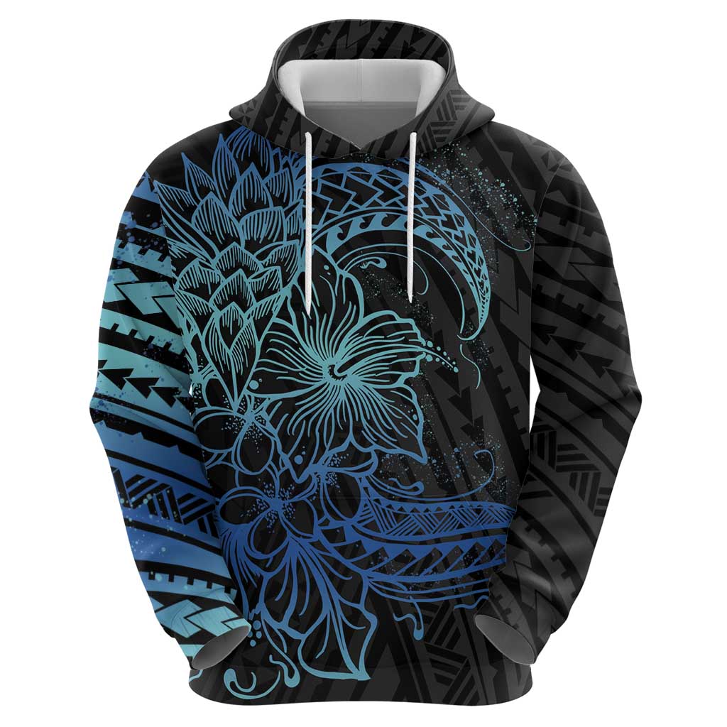 Floral Polynesian Hibiscus Tattoo Zip Hoodie Blue Gradient Style