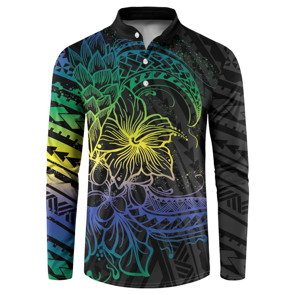 Floral Polynesian Hibiscus Tattoo Button Sweatshirt Green Gradient Style LT9 Green - Polynesian Pride