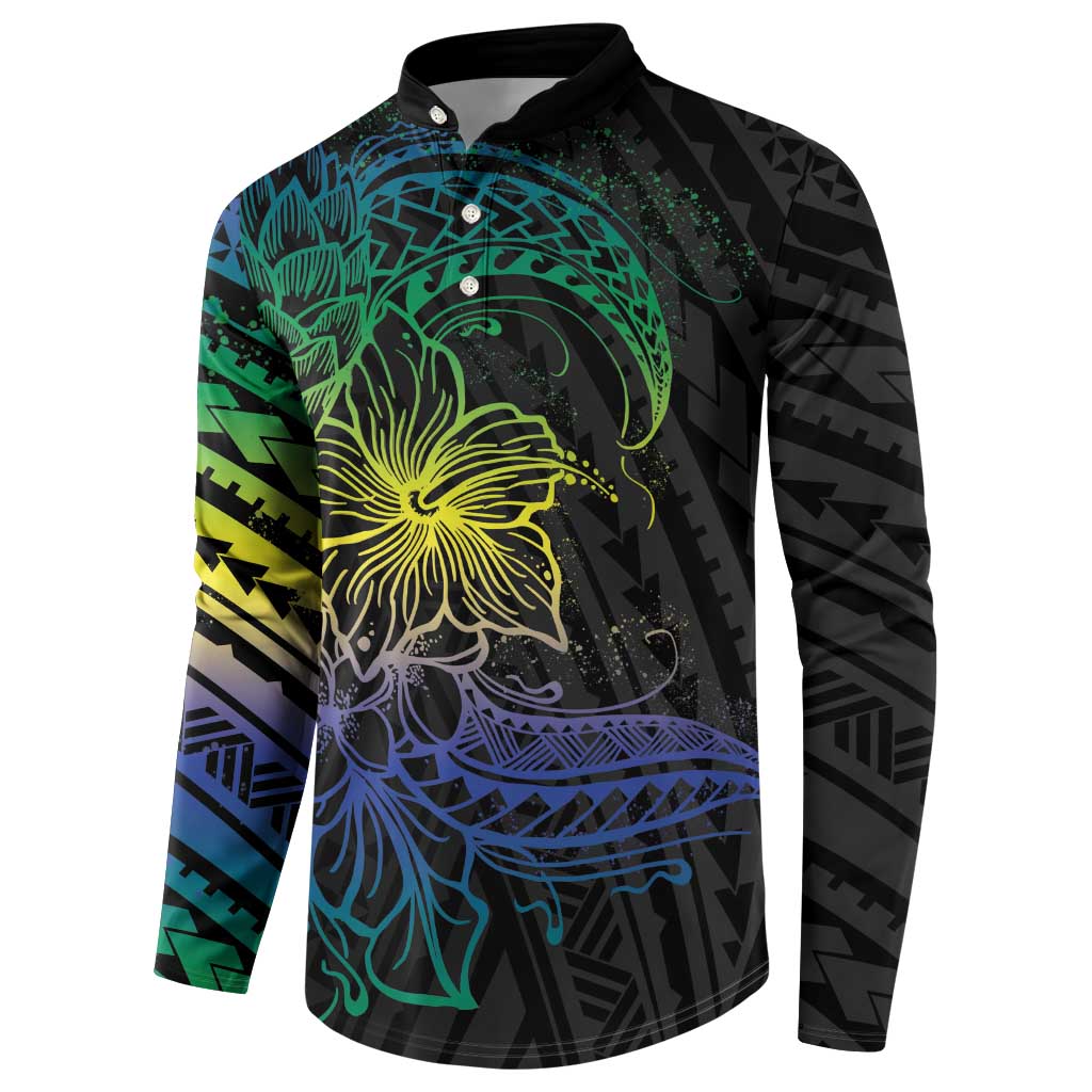 Floral Polynesian Hibiscus Tattoo Button Sweatshirt Green Gradient Style LT9 - Polynesian Pride