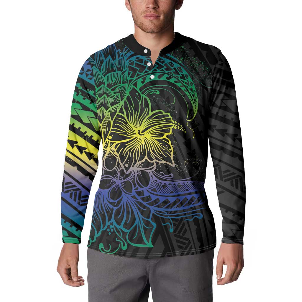 Floral Polynesian Hibiscus Tattoo Button Sweatshirt Green Gradient Style LT9 - Polynesian Pride