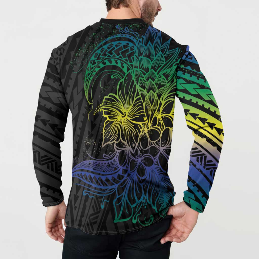 Floral Polynesian Hibiscus Tattoo Button Sweatshirt Green Gradient Style LT9 - Polynesian Pride