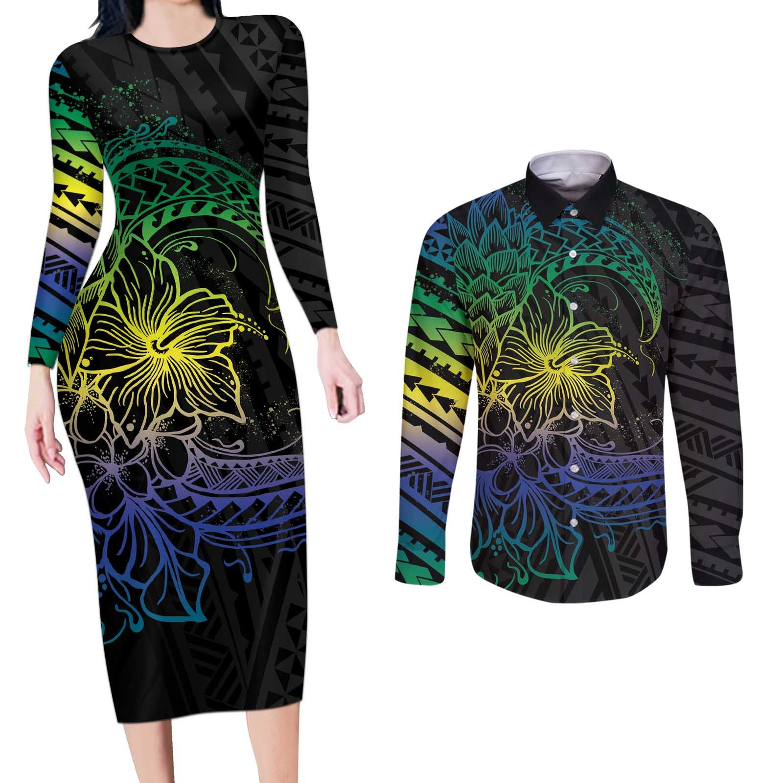Floral Polynesian Hibiscus Tattoo Couples Matching Long Sleeve Bodycon Dress and Long Sleeve Button Shirt Green Gradient Style