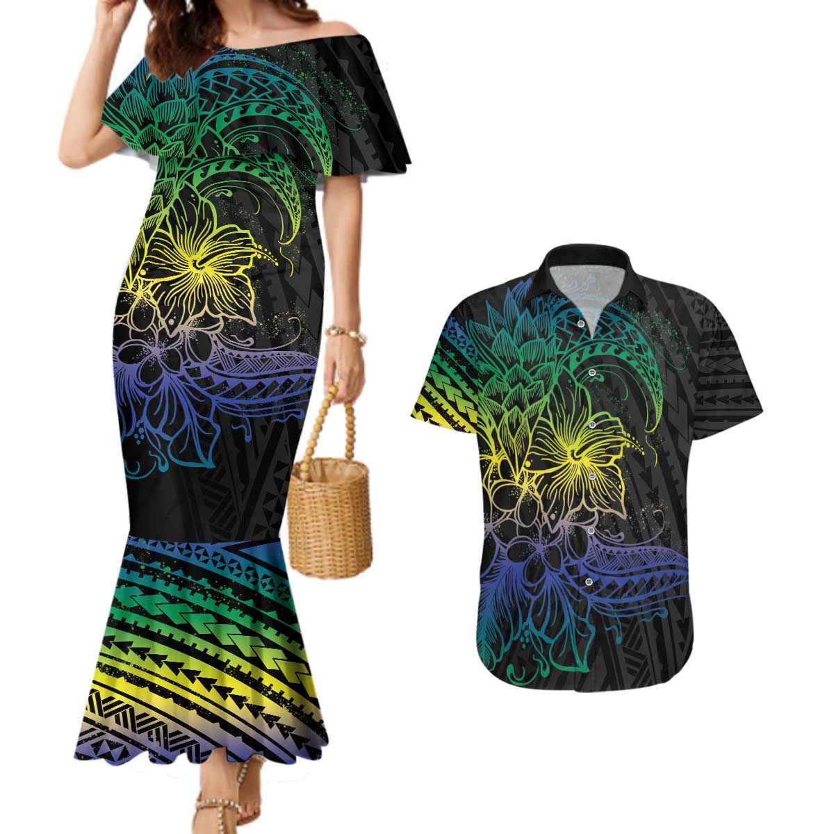 Floral Polynesian Hibiscus Tattoo Couples Matching Mermaid Dress and Hawaiian Shirt Green Gradient Style