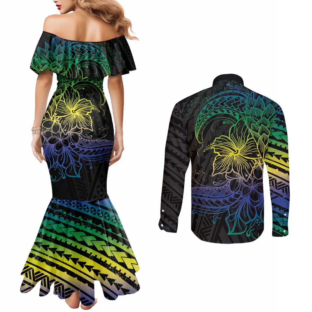 Floral Polynesian Hibiscus Tattoo Couples Matching Mermaid Dress and Long Sleeve Button Shirt Green Gradient Style