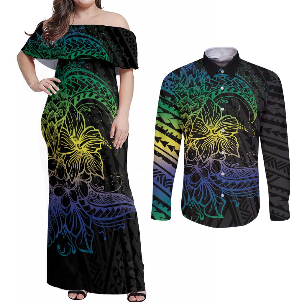 Floral Polynesian Hibiscus Tattoo Couples Matching Off Shoulder Maxi Dress and Long Sleeve Button Shirt Green Gradient Style