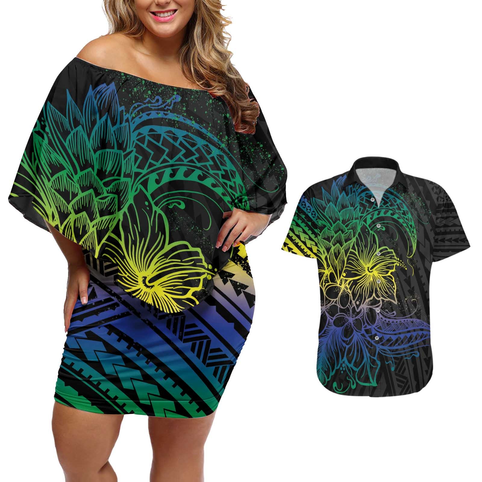 Floral Polynesian Hibiscus Tattoo Couples Matching Off Shoulder Short Dress and Hawaiian Shirt Green Gradient Style