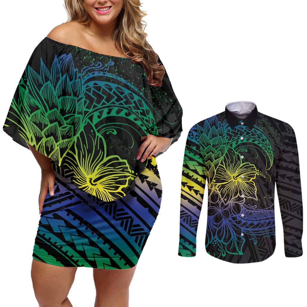 Floral Polynesian Hibiscus Tattoo Couples Matching Off Shoulder Short Dress and Long Sleeve Button Shirt Green Gradient Style