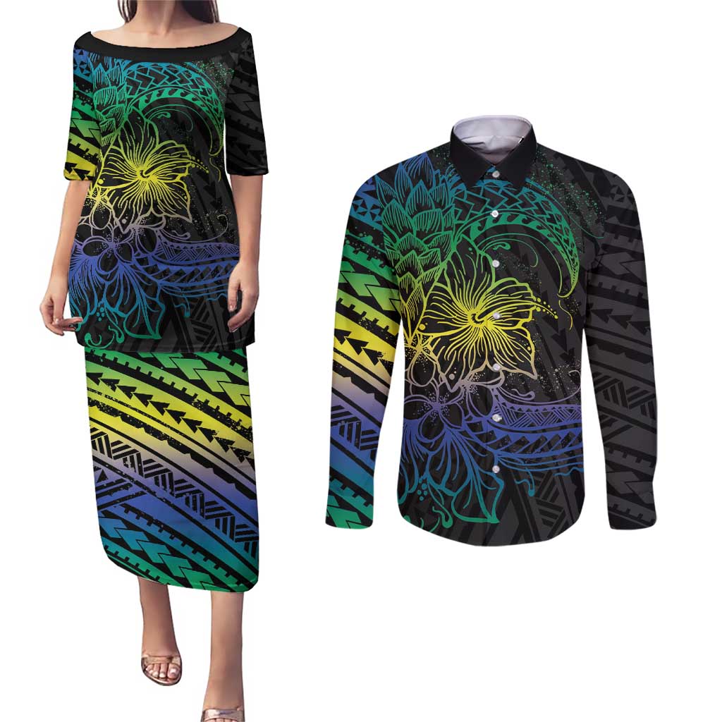 Floral Polynesian Hibiscus Tattoo Couples Matching Puletasi and Long Sleeve Button Shirt Green Gradient Style