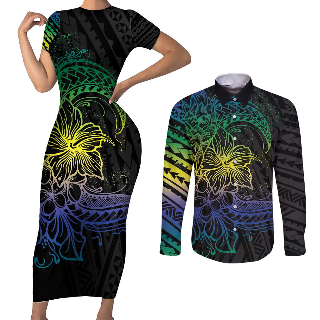 Floral Polynesian Hibiscus Tattoo Couples Matching Short Sleeve Bodycon Dress and Long Sleeve Button Shirt Green Gradient Style