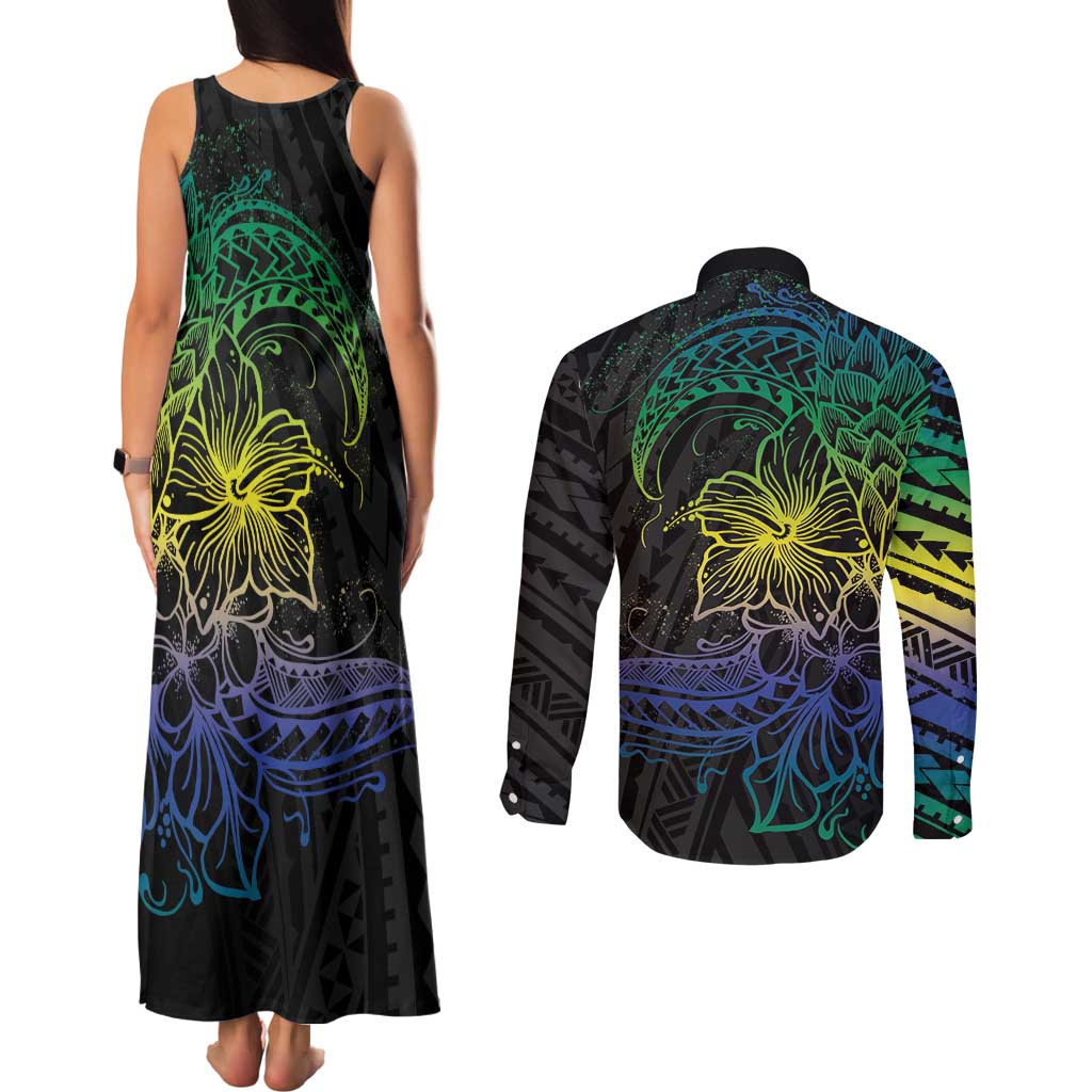 Floral Polynesian Hibiscus Tattoo Couples Matching Tank Maxi Dress and Long Sleeve Button Shirt Green Gradient Style