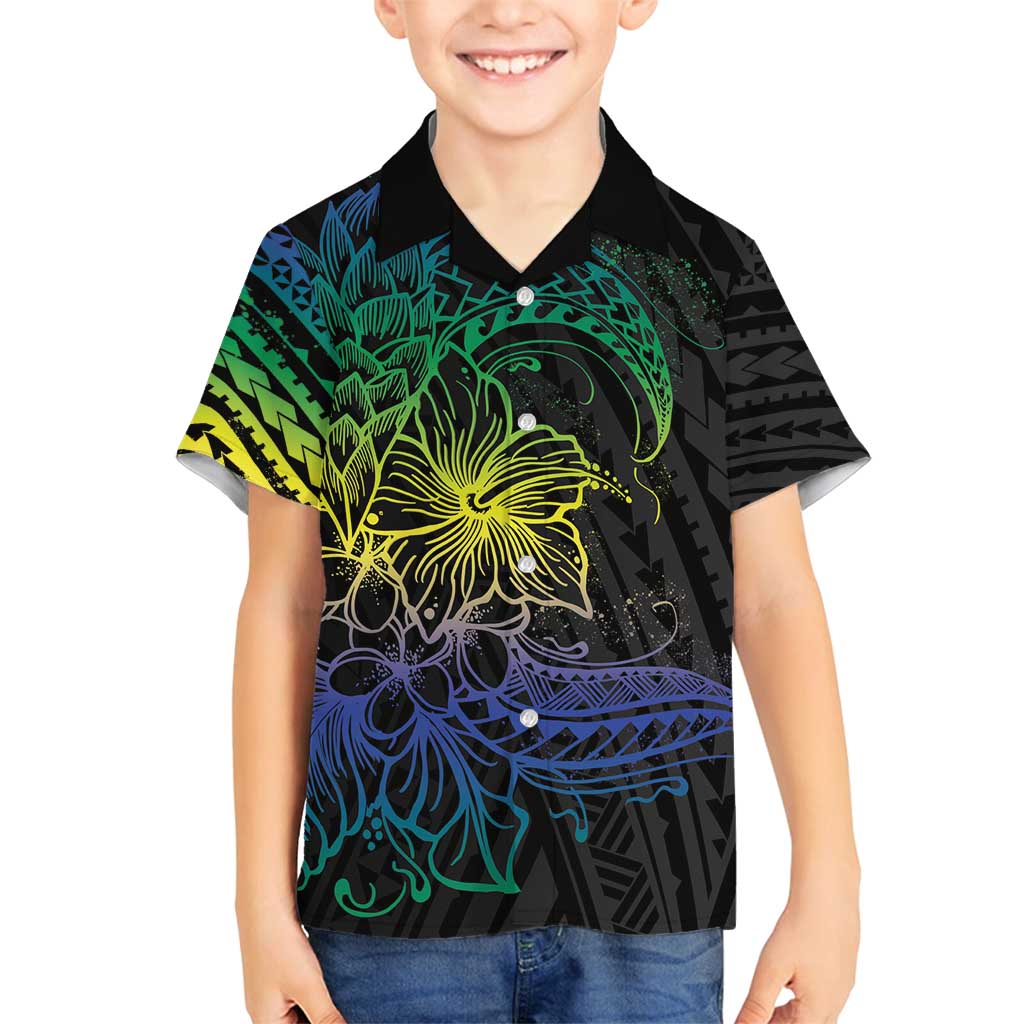 Floral Polynesian Hibiscus Tattoo Family Matching Long Sleeve Bodycon Dress and Hawaiian Shirt Green Gradient Style LT9 Son's Shirt Green - Polynesian Pride