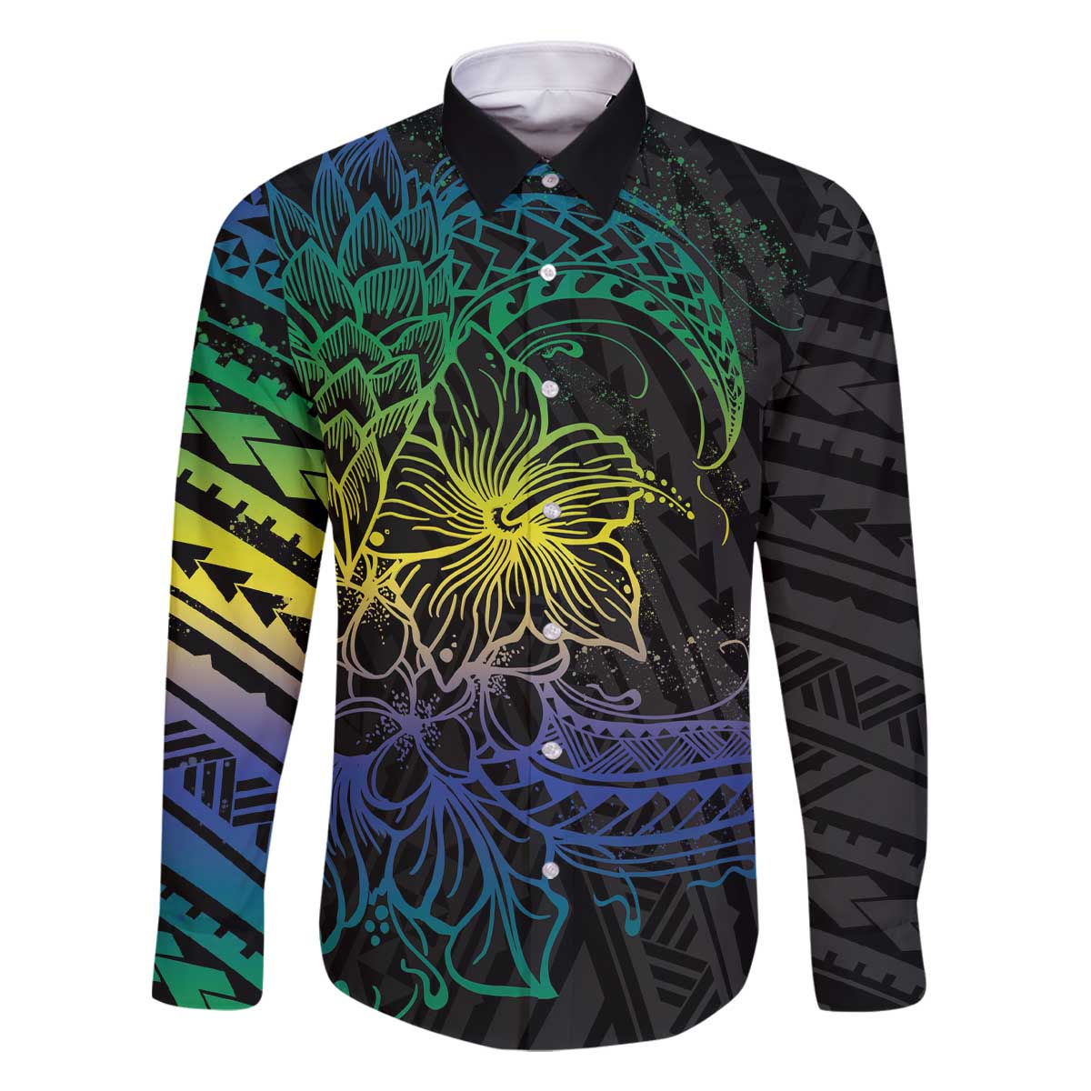 Floral Polynesian Hibiscus Tattoo Family Matching Off The Shoulder Long Sleeve Dress and Hawaiian Shirt Green Gradient Style