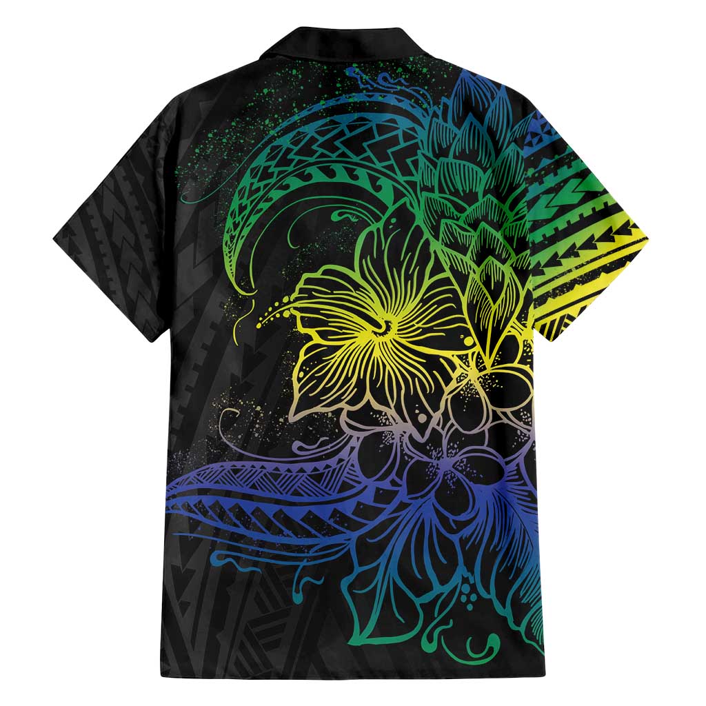 Floral Polynesian Hibiscus Tattoo Family Matching Off Shoulder Maxi Dress and Hawaiian Shirt Green Gradient Style