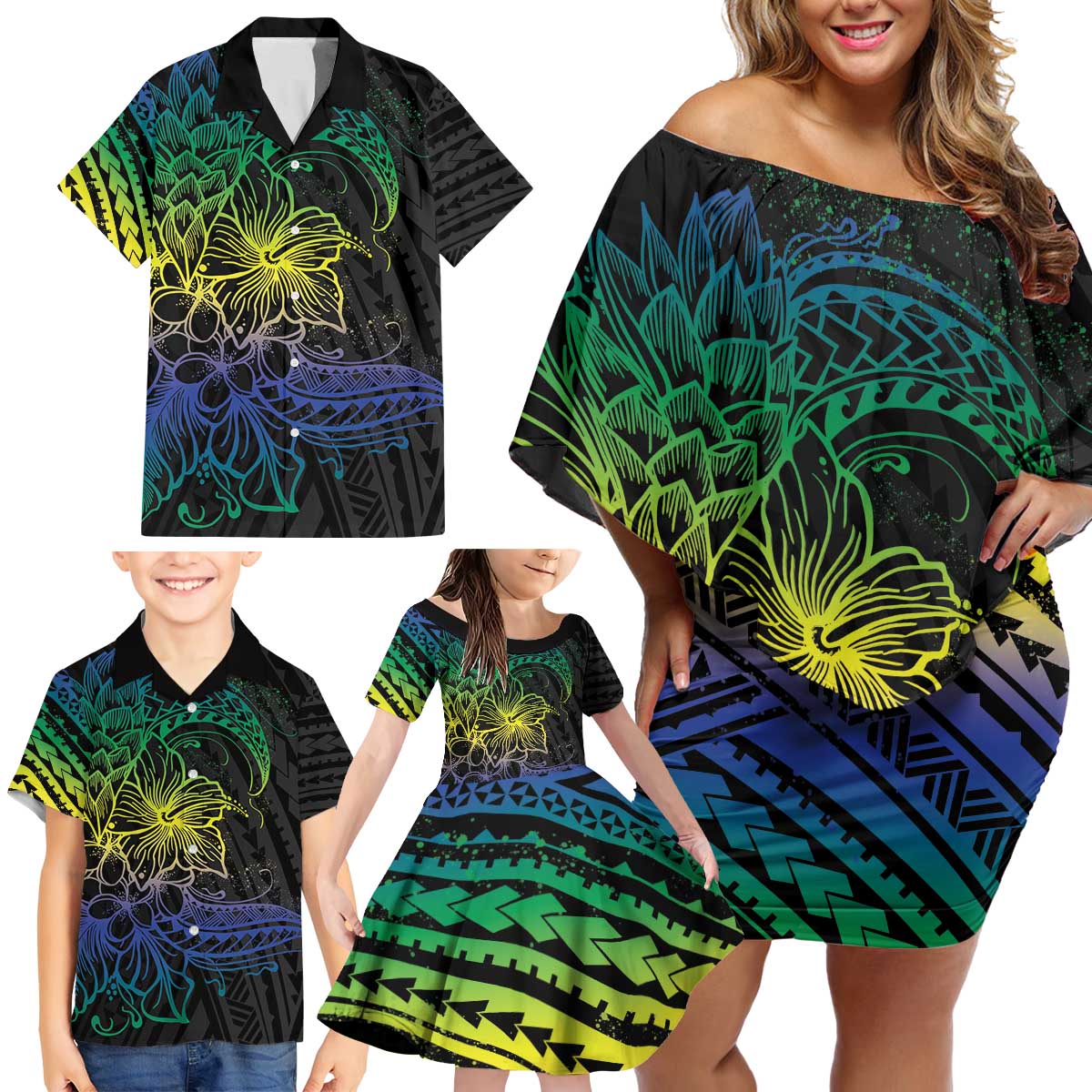 Floral Polynesian Hibiscus Tattoo Family Matching Off Shoulder Short Dress and Hawaiian Shirt Green Gradient Style LT9 - Polynesian Pride