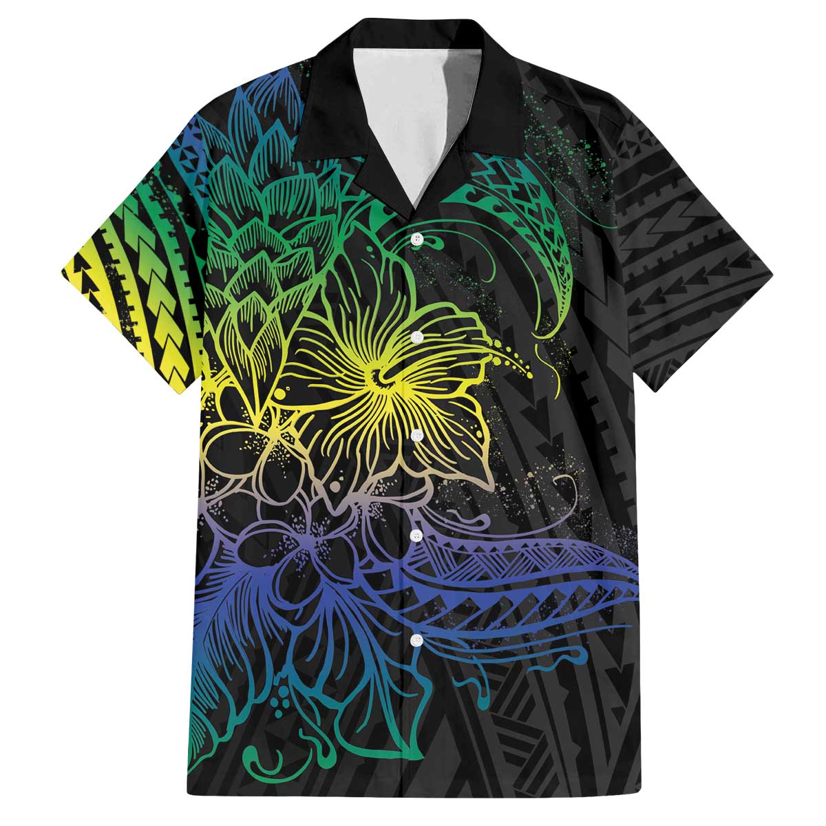 Floral Polynesian Hibiscus Tattoo Family Matching Puletasi and Hawaiian Shirt Green Gradient Style