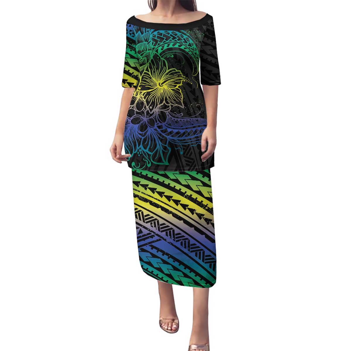Floral Polynesian Hibiscus Tattoo Family Matching Puletasi and Hawaiian Shirt Green Gradient Style
