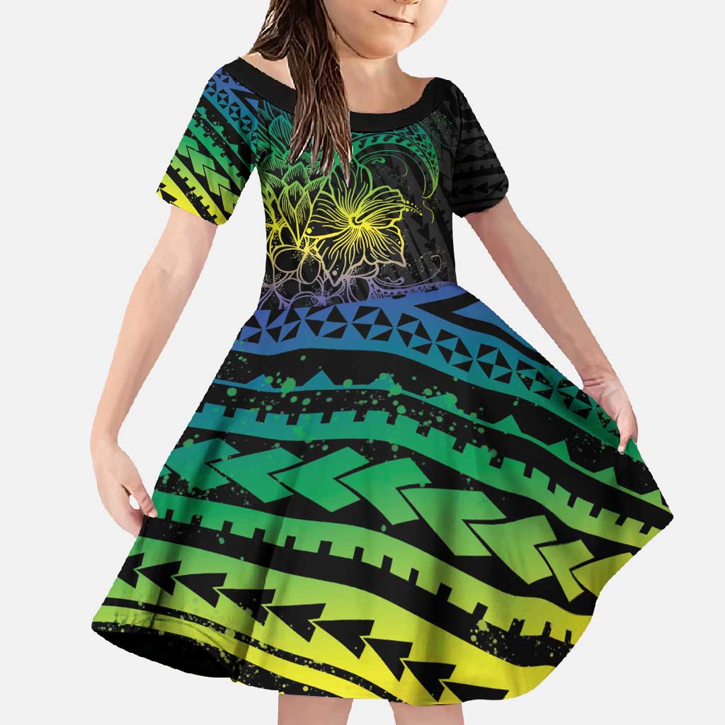 Floral Polynesian Hibiscus Tattoo Family Matching Short Sleeve Bodycon Dress and Hawaiian Shirt Green Gradient Style
