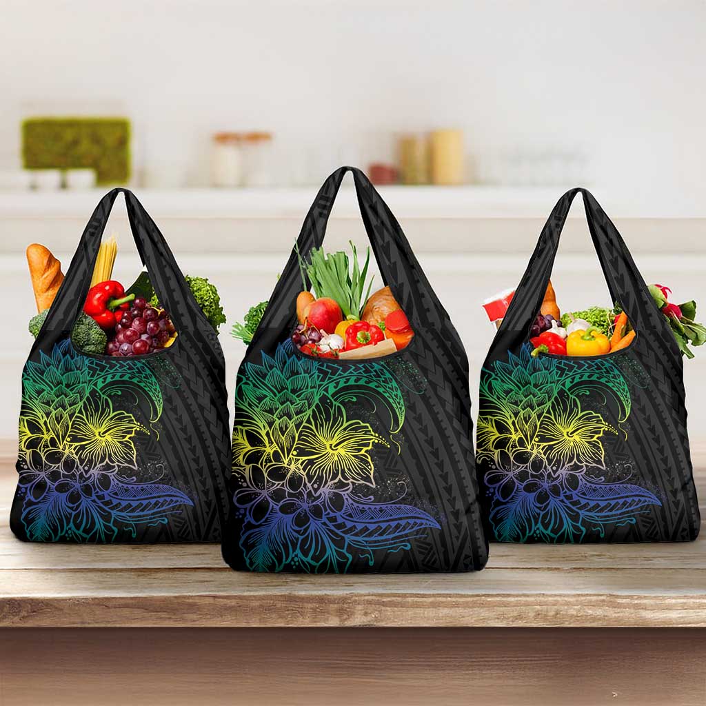 Floral Polynesian Hibiscus Tattoo Grocery Bag Green Gradient Style LT9 3-pack One Size Green - Polynesian Pride