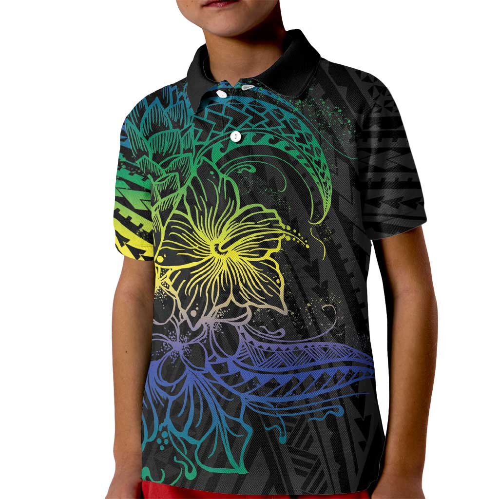 Floral Polynesian Hibiscus Tattoo Kid Polo Shirt Green Gradient Style LT9 Kid Green - Polynesian Pride