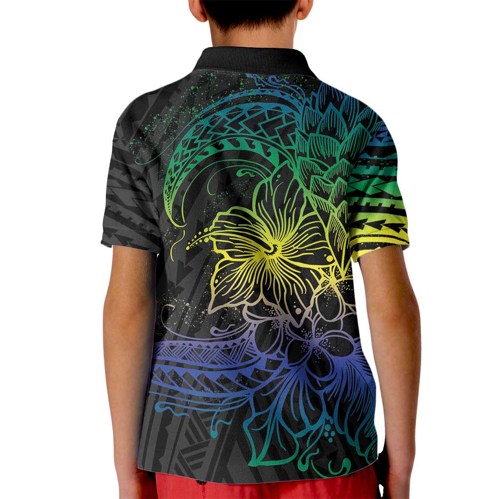 Floral Polynesian Hibiscus Tattoo Kid Polo Shirt Green Gradient Style LT9 - Polynesian Pride