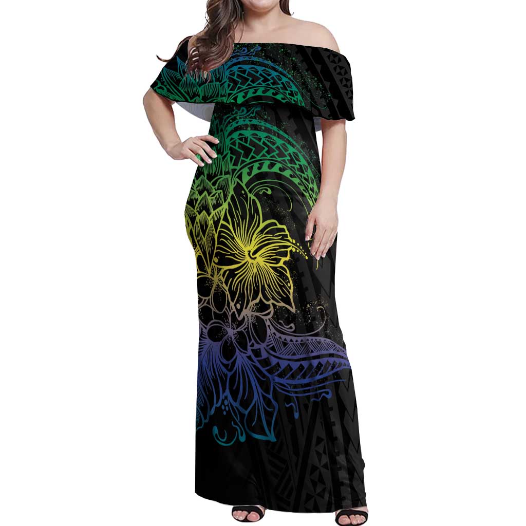 Floral Polynesian Hibiscus Tattoo Off Shoulder Maxi Dress Green Gradient Style