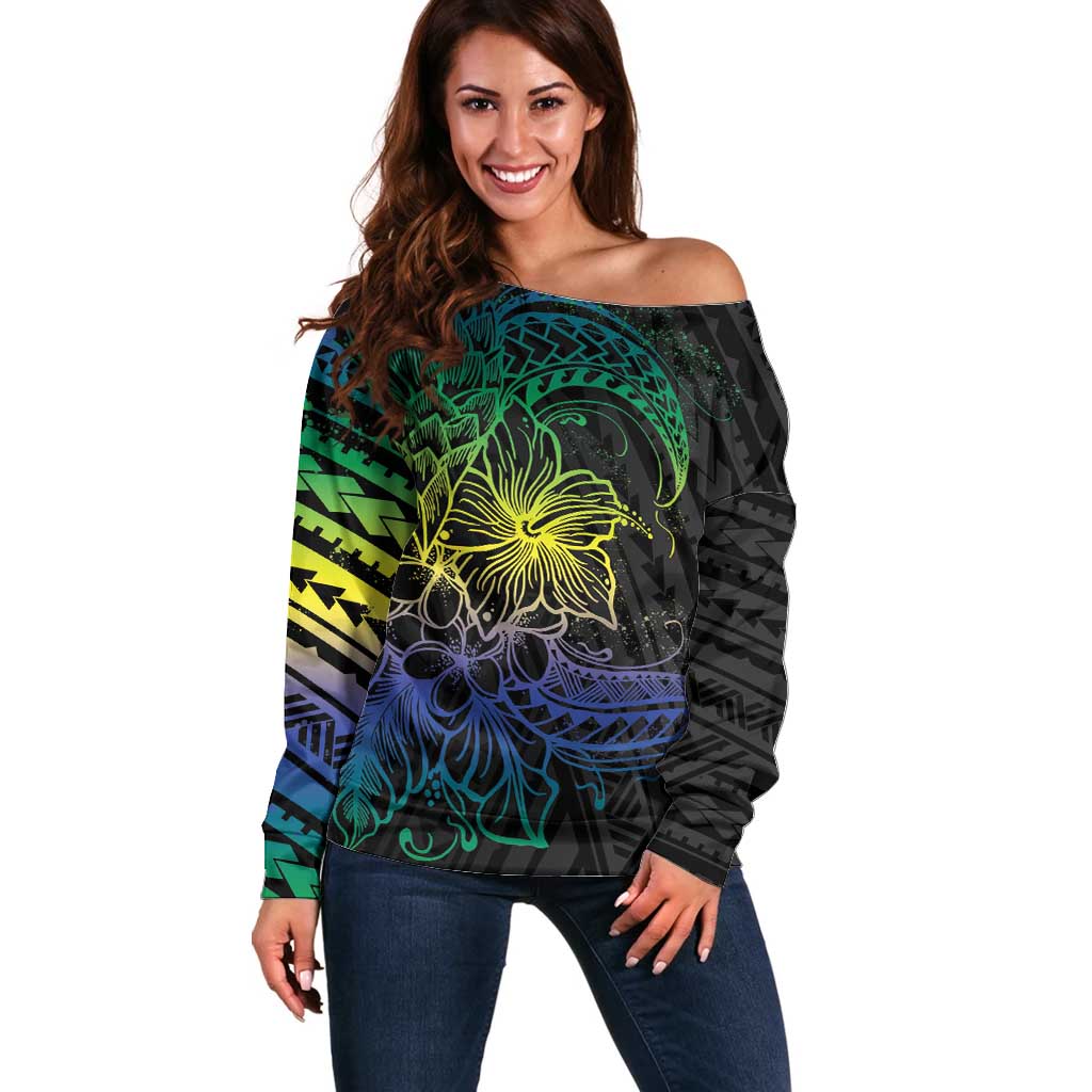 Floral Polynesian Hibiscus Tattoo Off Shoulder Sweater Green Gradient Style