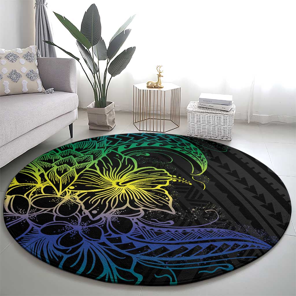Floral Polynesian Hibiscus Tattoo Round Carpet Green Gradient Style LT9 - Polynesian Pride