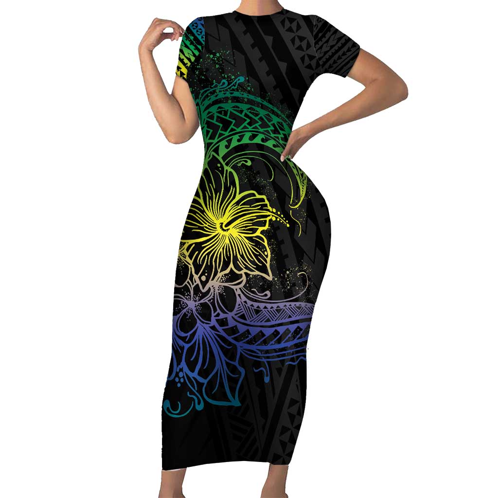 Floral Polynesian Hibiscus Tattoo Short Sleeve Bodycon Dress Green Gradient Style