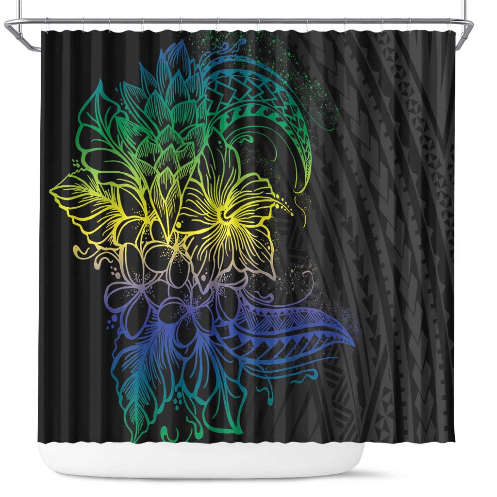 Floral Polynesian Hibiscus Tattoo Shower Curtain Green Gradient Style