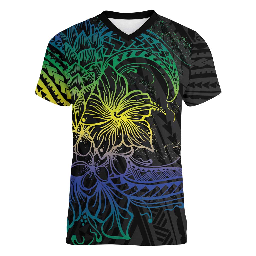 Floral Polynesian Hibiscus Tattoo Women V-Neck T-Shirt Green Gradient Style LT9 Female Green - Polynesian Pride