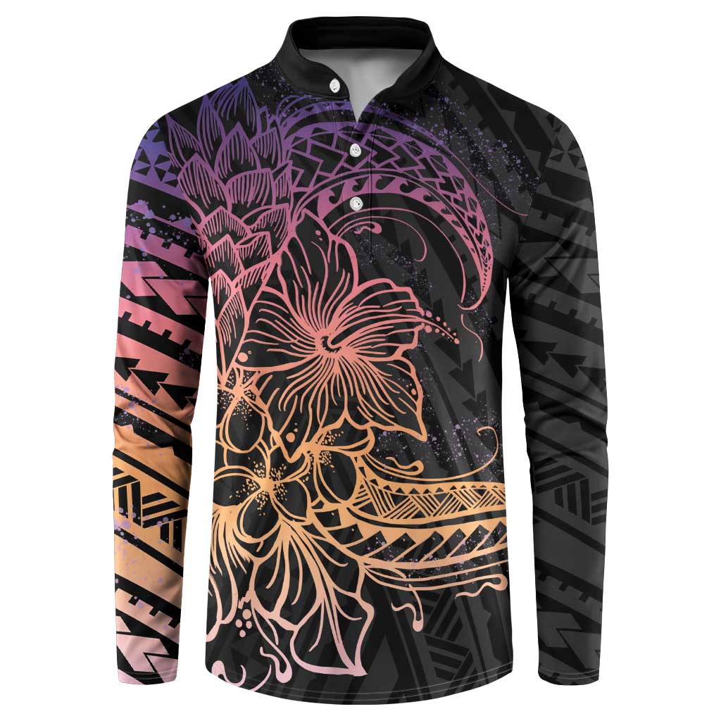 Floral Polynesian Hibiscus Tattoo Button Sweatshirt Peach Gradient Style