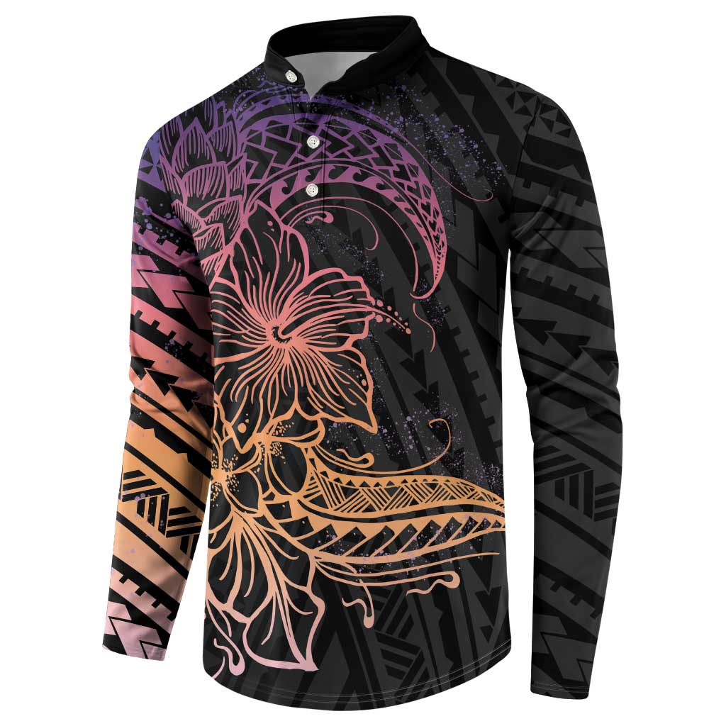 Floral Polynesian Hibiscus Tattoo Button Sweatshirt Peach Gradient Style
