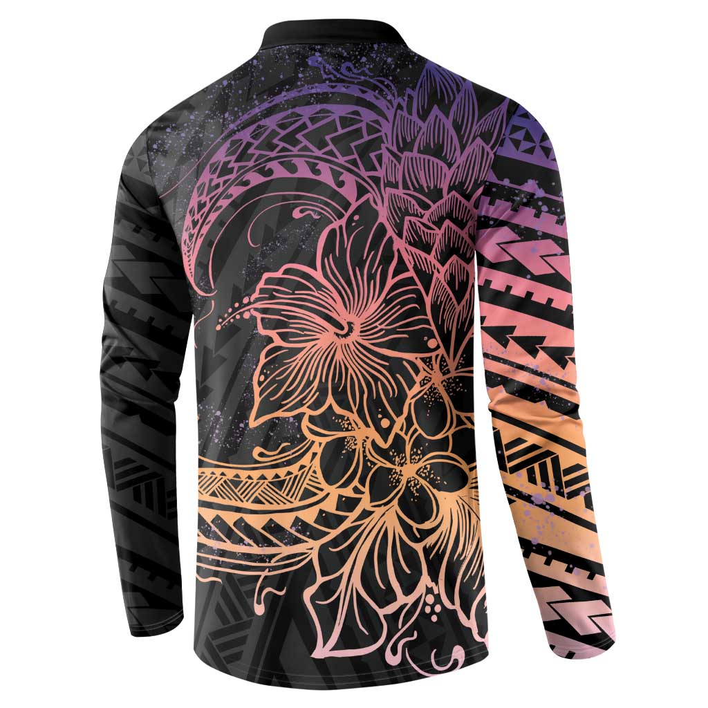 Floral Polynesian Hibiscus Tattoo Button Sweatshirt Peach Gradient Style