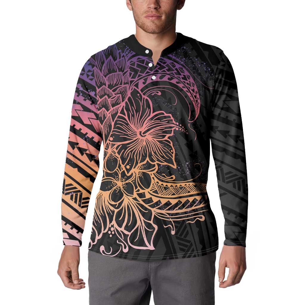 Floral Polynesian Hibiscus Tattoo Button Sweatshirt Peach Gradient Style