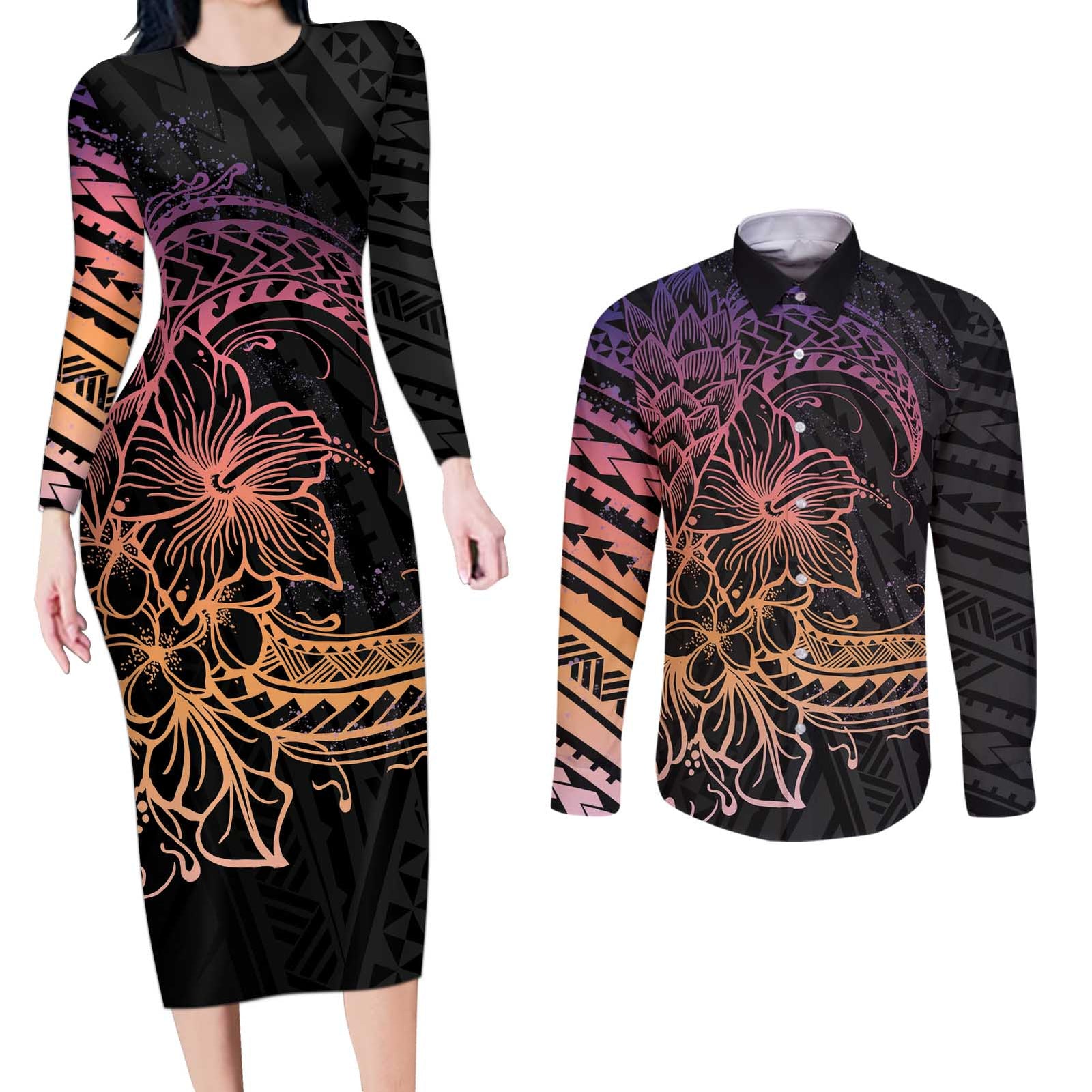 Floral Polynesian Hibiscus Tattoo Couples Matching Long Sleeve Bodycon Dress and Long Sleeve Button Shirt Peach Gradient Style
