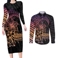 Floral Polynesian Hibiscus Tattoo Couples Matching Long Sleeve Bodycon Dress and Long Sleeve Button Shirt Peach Gradient Style