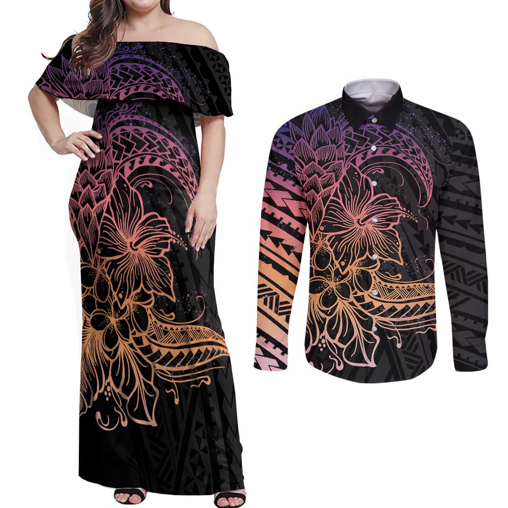 Floral Polynesian Hibiscus Tattoo Couples Matching Off Shoulder Maxi Dress and Long Sleeve Button Shirt Peach Gradient Style