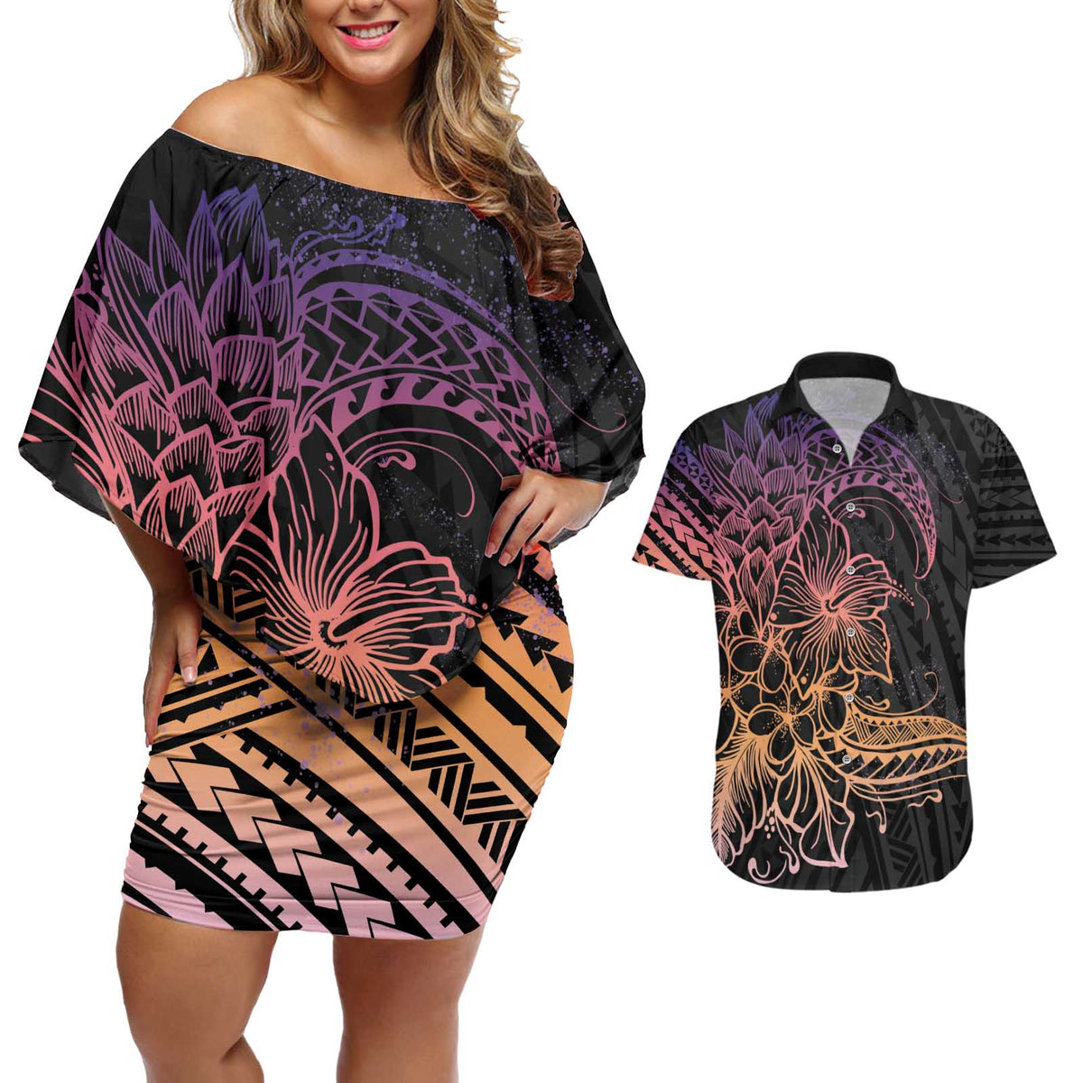 Floral Polynesian Hibiscus Tattoo Couples Matching Off Shoulder Short Dress and Hawaiian Shirt Peach Gradient Style