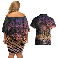 Floral Polynesian Hibiscus Tattoo Couples Matching Off Shoulder Short Dress and Hawaiian Shirt Peach Gradient Style