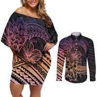 Floral Polynesian Hibiscus Tattoo Couples Matching Off Shoulder Short Dress and Long Sleeve Button Shirt Peach Gradient Style