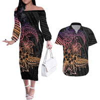 Floral Polynesian Hibiscus Tattoo Couples Matching Off The Shoulder Long Sleeve Dress and Hawaiian Shirt Peach Gradient Style